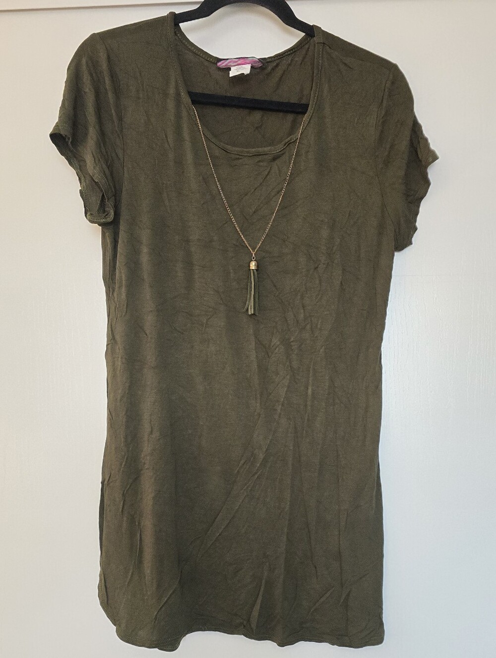 Say Anything - Olive Green Short-Sleeve Top With Built-In Tassel Necklace